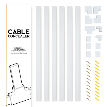 - Cable Concealer Wall Mounted Cord Cover 6 Piece Raceway Kit- White