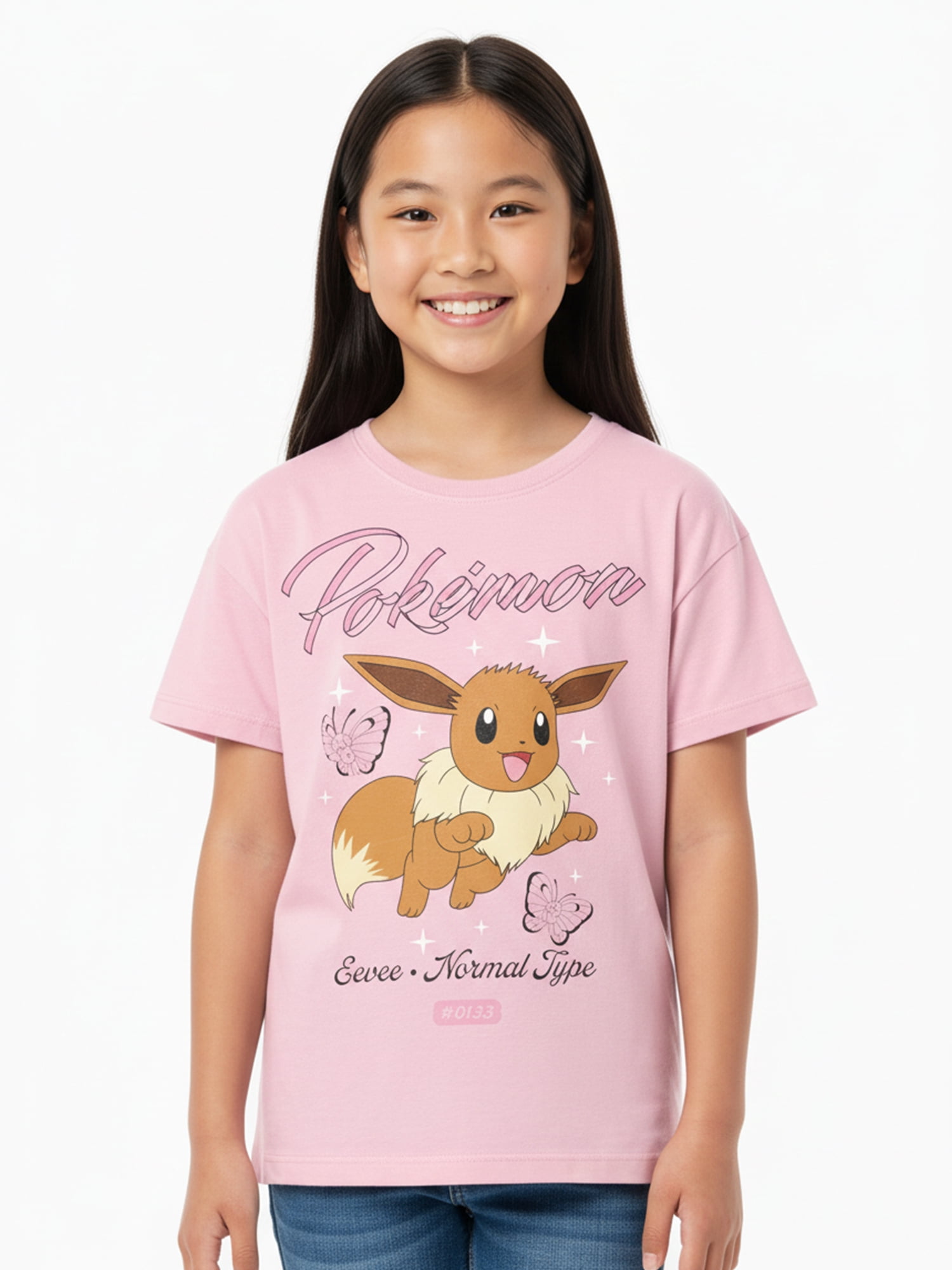 Pokemon Eevee Girls Graphic Crewneck Tee with Short Sleeves, Sizes 4-16