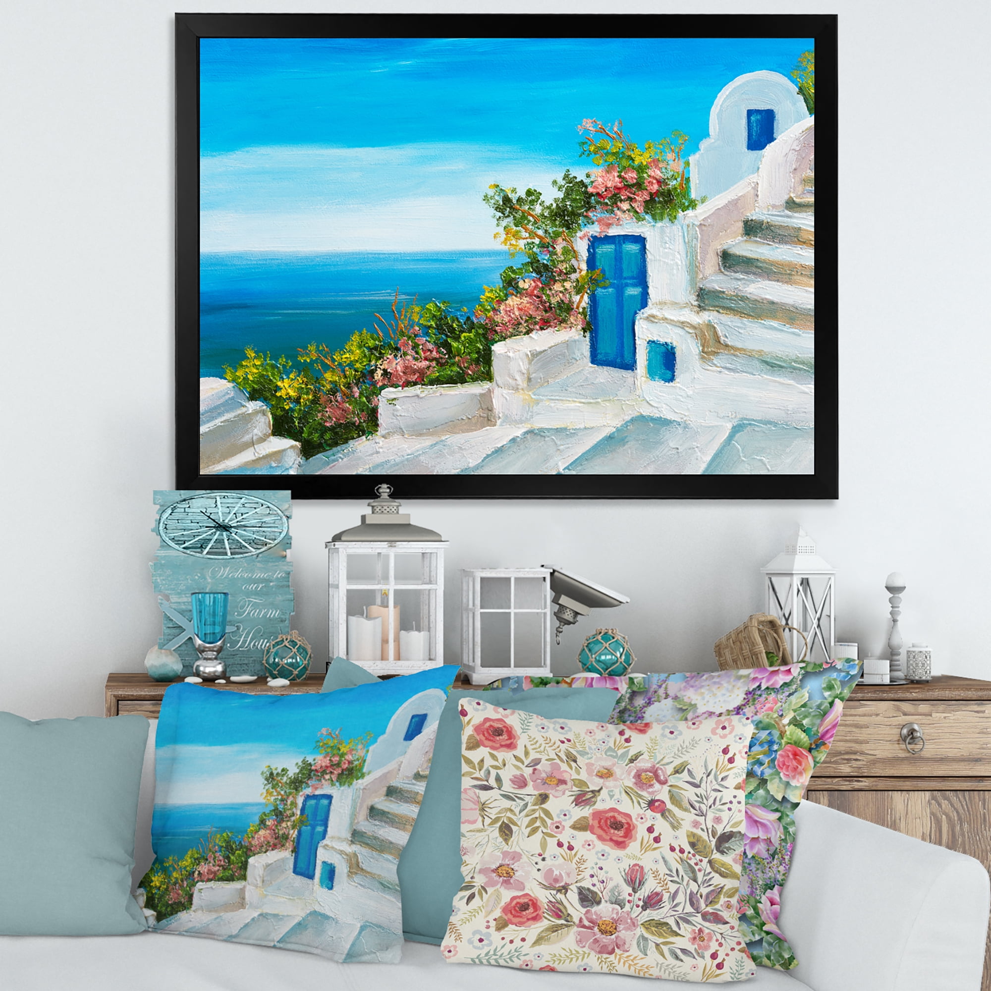 Designart 'House With Colorful Flowers Near The Sea IV' Nautical & Coastal Framed Art Print