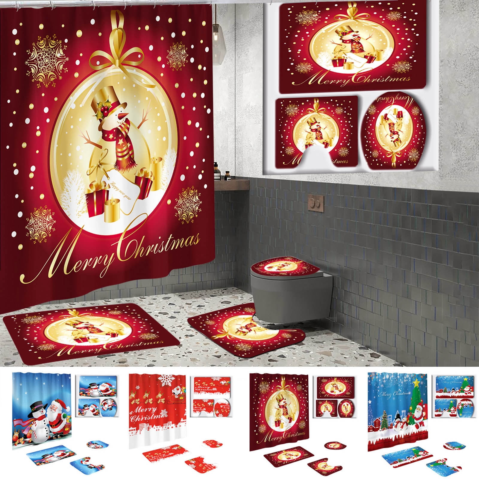 Tyidzon 4Pcs Christmas Shower Curtain Set with Non-Slip Bathroom Rugs Toilet Lid Cover U-Shaped Mats for Home Bathroom Xmas Decor, Waterproof Shower Liner 71x71"