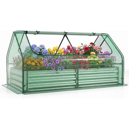 ZJTER Raised Garden Bed with Cover, Outdoor Planter Raised Bed w/2 Large Zipper Mesh Screen Windows, Galvanized Metal Planter Box for Gardening, Flowers, Vegetables (Green & Silver)