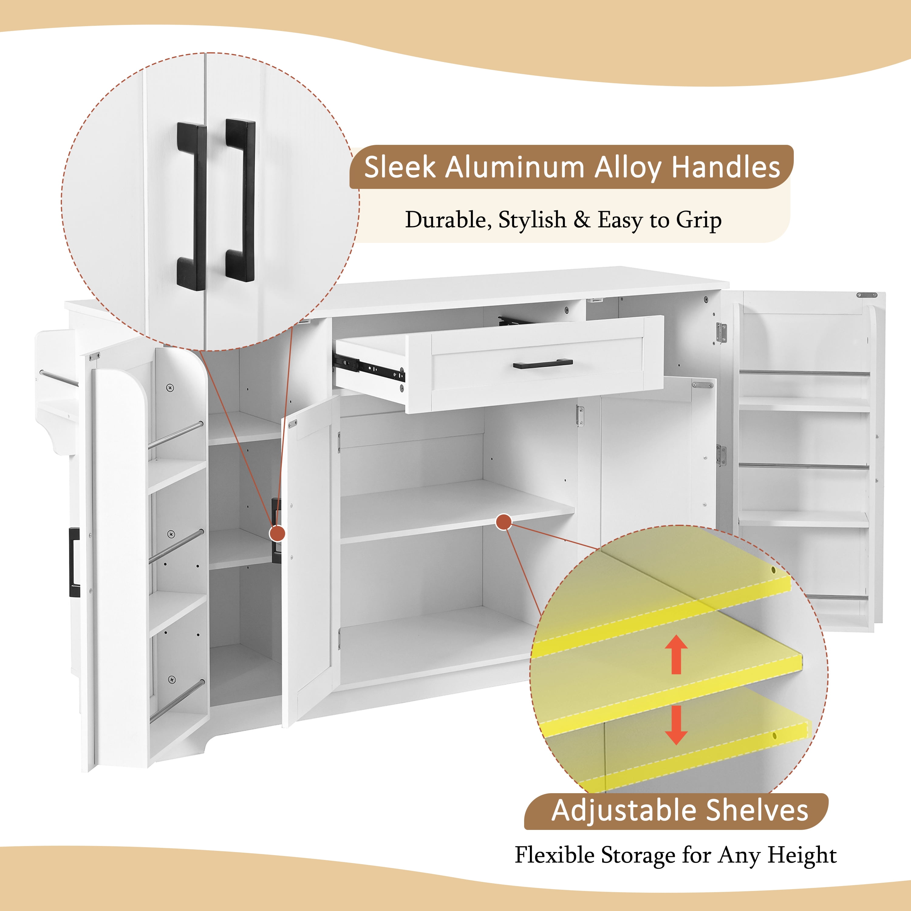 54.3" Sideboard Buffet Cabinet with Storage, 4 Doors & 1 Drawer, Kitchen Storage with Adjustable Shelves, Aluminum Alloy Handles, Side Shelves & Hanging Rod for Dining Room