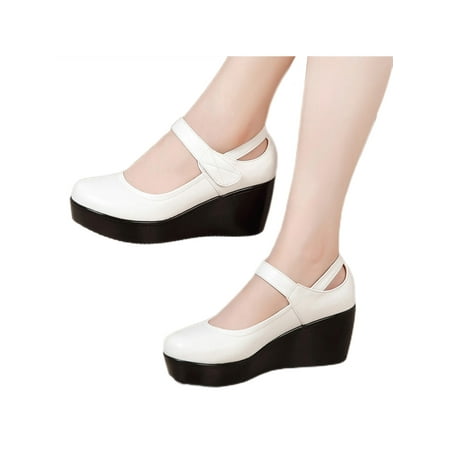

Tenmix Ladies Pumps Ankle Strap Casual Shoes Wedge Mary Jane Mid Heel Dress Shoe Women Non Slip Comfort White 8.5