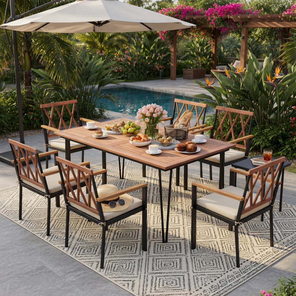 Hommoo 2-Pack Modern Outdoor Dining Chairs with Removable Cushions, Metal Frame & Acacia Wood Backrest – 18" Seat Width, Black & Natural