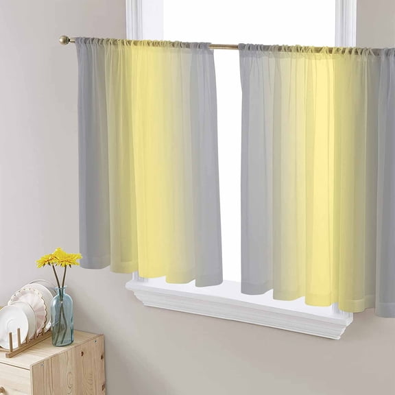 Yellow Grey Stripes Semi Sheer Curtains 45 Inch Length 2 Panels Set, Modern Minimalist Solid Gradient Sheer Kitchen Curtain Privacy Voile Window Curtain for Living Room Bedroom Rod Pocket Drapes
