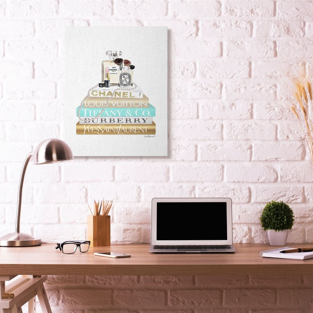 Stupell Industries Gold And Blue Perfume Bookstack Glam Fashion Design Canvas Wall Art by Amanda Greenwood