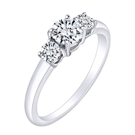 AFFY Round Shape White Cubic Zirconia Three Stone Engagement Ring In 14k White Gold Over Sterling Silver Ring Size-5