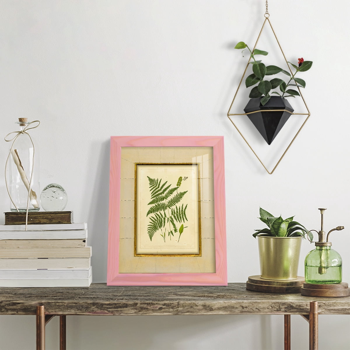 Fern with Crackle Mat (H) IV - Framed Print w/glass - Sunset Pink