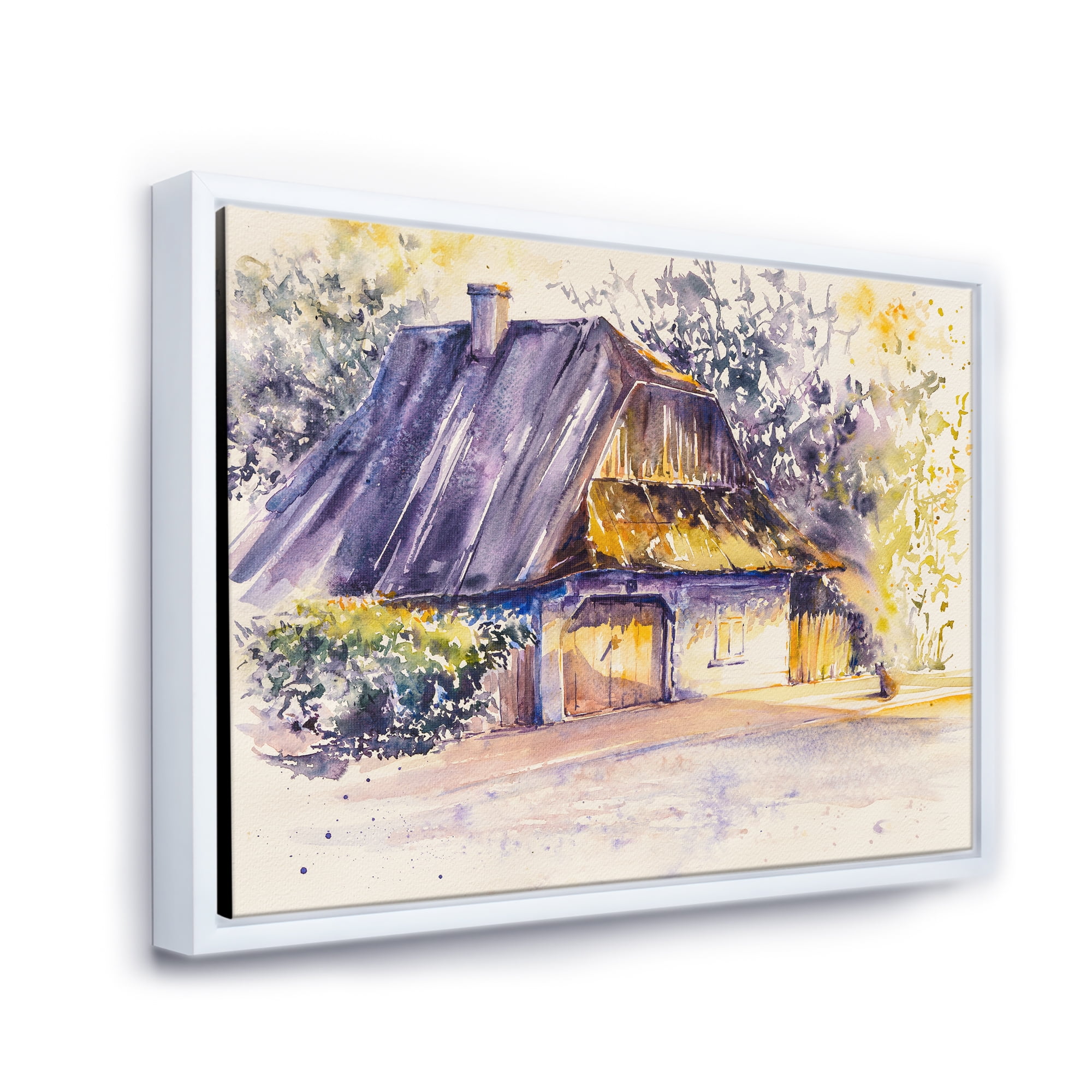 Designart 'Old Wooden White House In Country Side Village During Afternoon Glow' Traditional Framed Canvas Wall Art Print