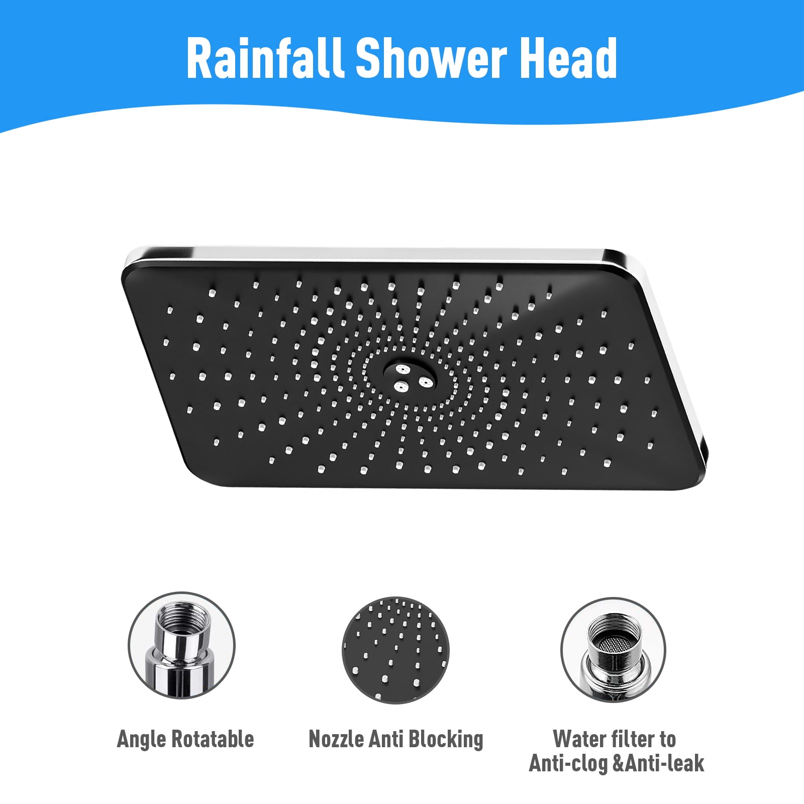 IUSU 11.8" Shower Head Set High Pressure Rainfall Rain Shower Head 8-Setting Handheld with Hose Silver