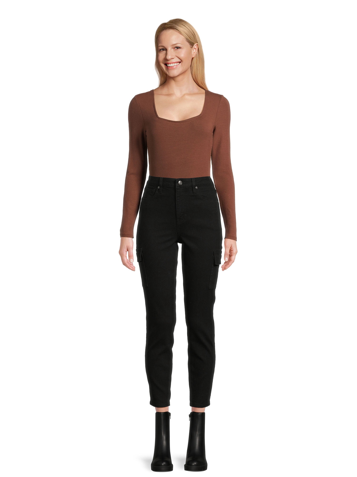 Belle du Jour Juniors Ribbed Square Neck Bodysuit, Sizes XS-XL