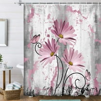 Rustic Farmhouse Shower Curtain, Farm Pink Grey Daisy Floral Flowers and Butterfly on Country Wooden Shower Curtain for Bathroom, Gray White Shower Curtain with Hooks, 36X70IN
