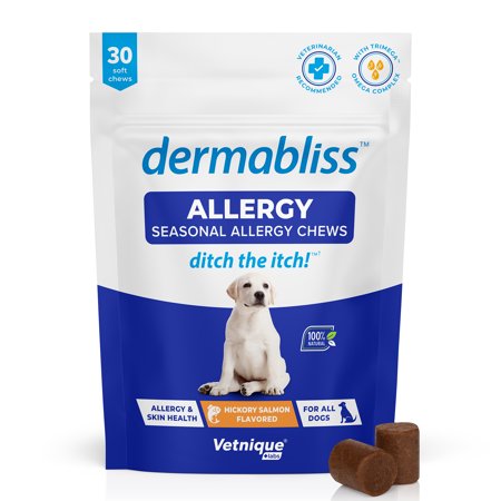 UPC: 0717932350171 | Vetnique Labs Dermabliss Seasonal Allergy & Immune Support Supplement for Dogs with Omega 3-6-9  Fish Oil and Colostrum Powder – Hickory Salmon Flavored Dog Treats (30 Count)
