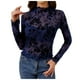 thumbnail image 1 of Blusa de malla transparente con encaje para mujer: cuello alto con estampado floral, manga larga transparente, poliéster, tallas S-XXL, 1 of 2