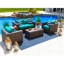Sorrento 4-Piece M Resin Wicker Outdoor Patio Furniture Conversation Sofa Set in Brown w/Loveseat, Two Armchairs, and Coffee Table (Flat-Weave Brown Wicker, Sunbrella Canvas Aruba)