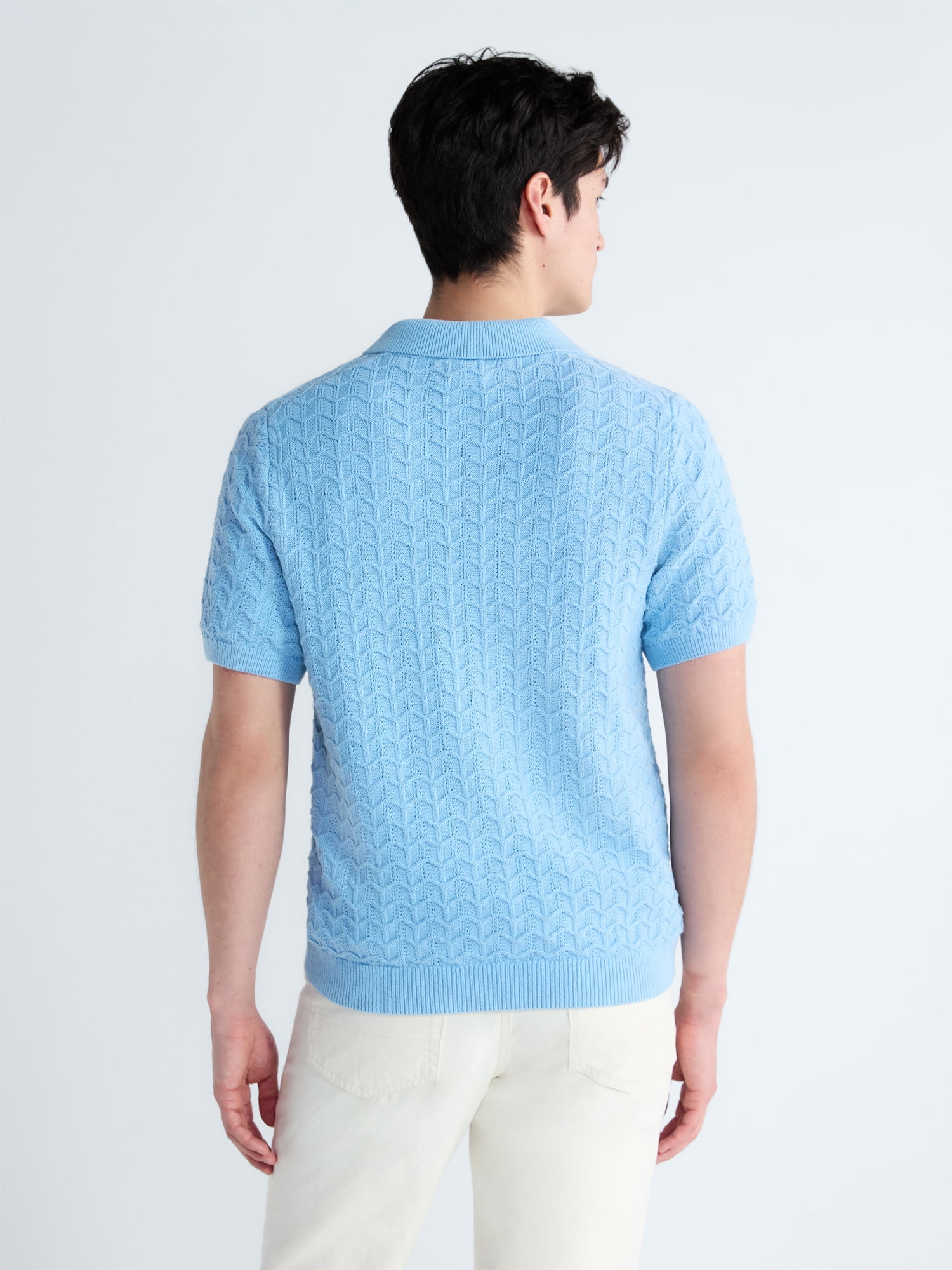 Free Assembly Men's Wavy Stitch Cotton Polo Sweater with Short Sleeves, Sizes S-3XL