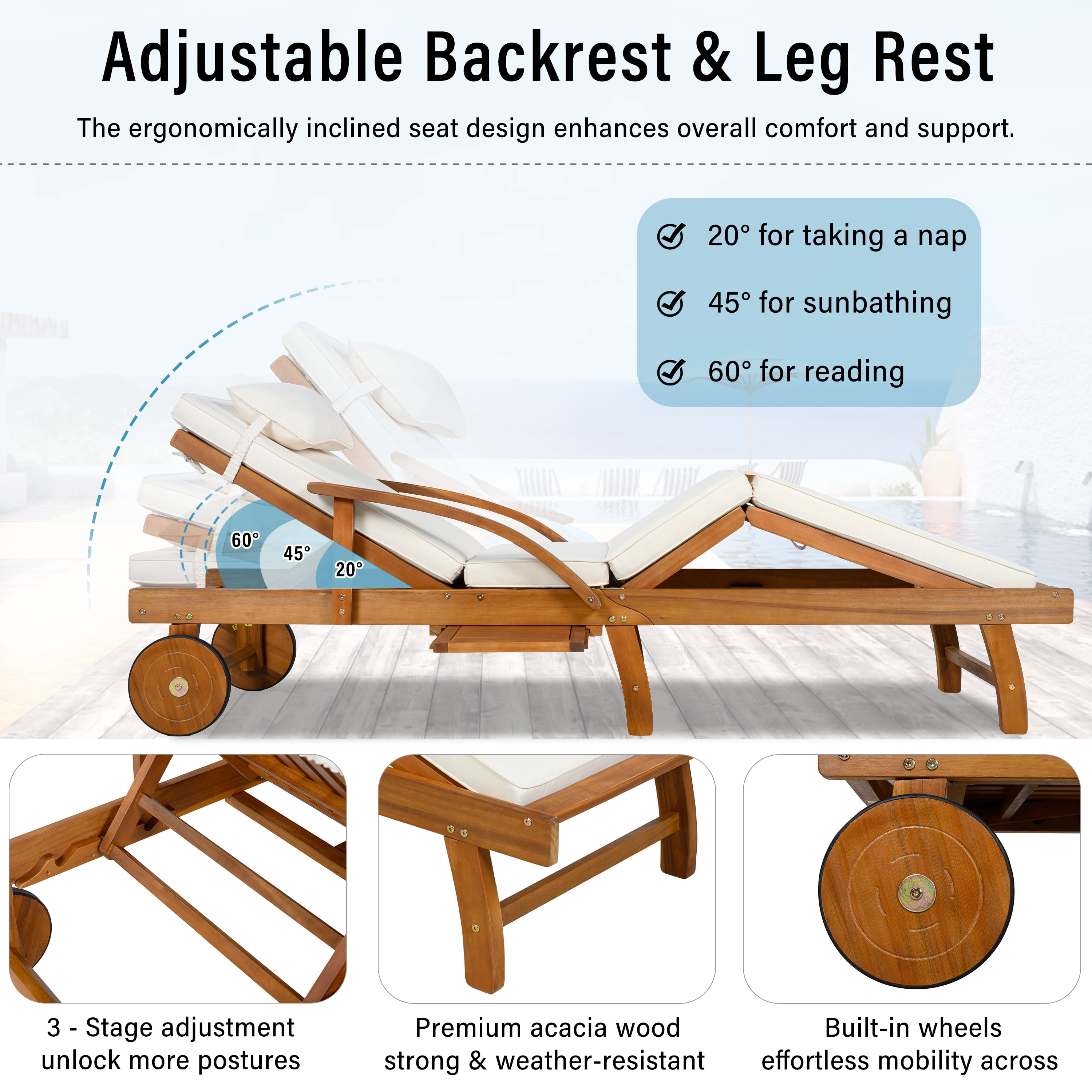 Mintazer 77.5" Adjustable Outdoor Chaise Lounge with Cushion & Headrest, Wheeled Pool Lounge Chair with Retractable Side Tray, Natural & Beige
