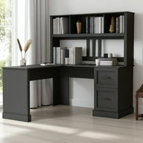 GZXS Large L-Shaped Office Desk with Storage Hutch and 2 Drawers, 59" Corner Computer Desk with Open Shelves for Home, Study, Work, Gaming, Black