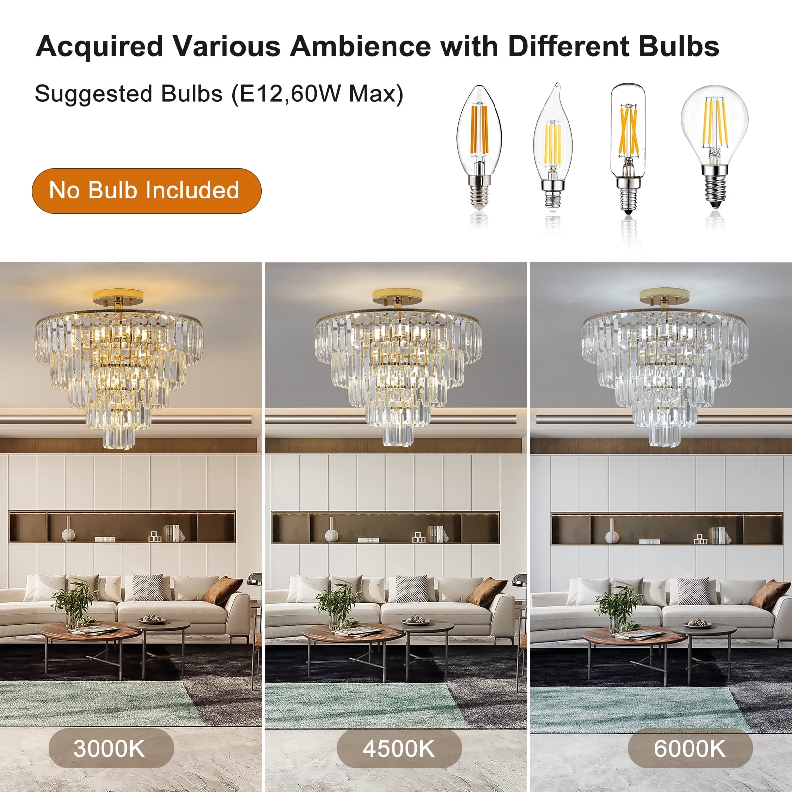 M optimized 5-Tier Crystal Chandelier 10-Light Ceiling Lights Modern Flush Mount Chandeliers Fixture for E12 Bulbs, for Bedroom Living Room Bar Hallway