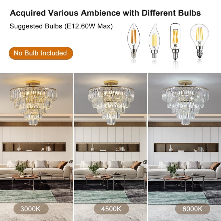 Black & Gold Crystal Chandelier - 3-Tier Modern Semi-Flush Mount Ceiling Light, Adjustable Chain, E12 Bulbs (Not Included)
