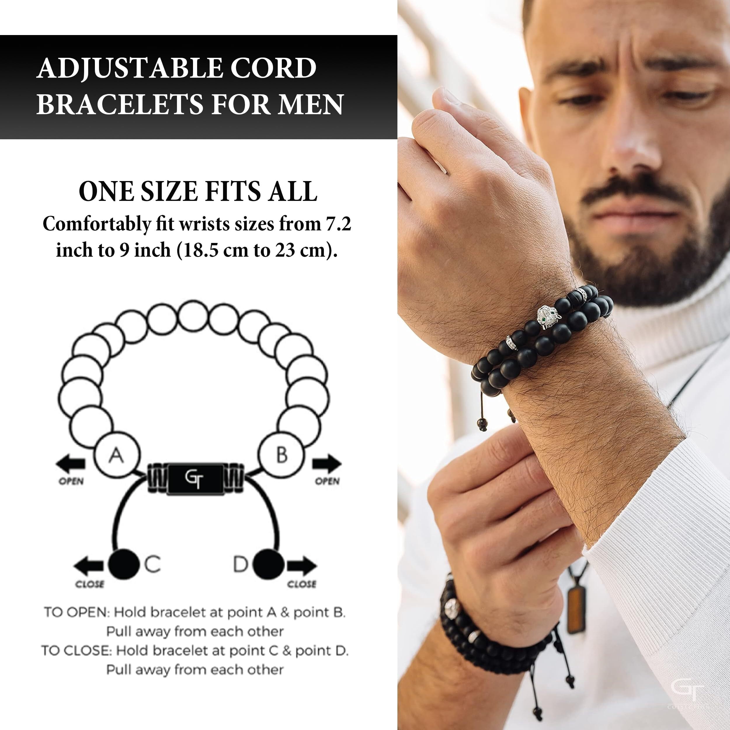 Men's BLACK ONYX Bracelet with Silver LEOPARD Head | Gift for Men | One Size Fits All | 100% Natural | Gemstone Adjustable Bracelet