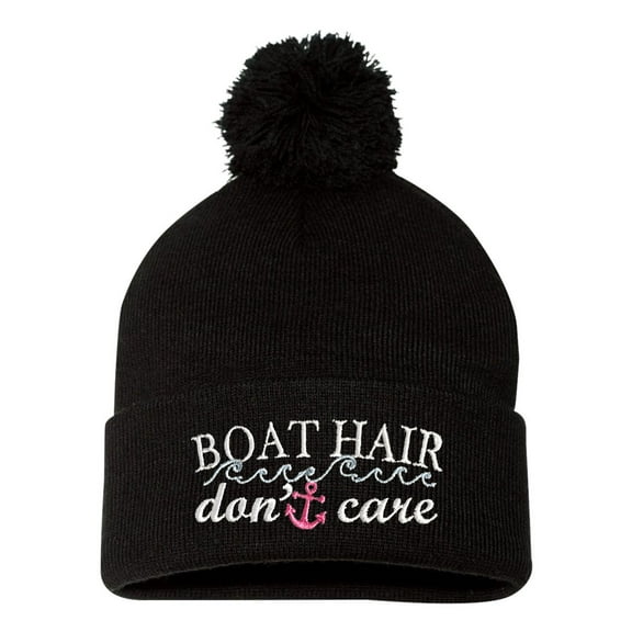 Adult Boat Hair Don't Care Embroidered Knit Beanie Pom Cap