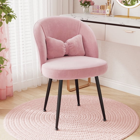 Romorgniz Makeup Vanity Chair with Lumbar Pillow Comfy Accent Chair Cute Cozy Small Desk Chair for Bedroom, Light Pink