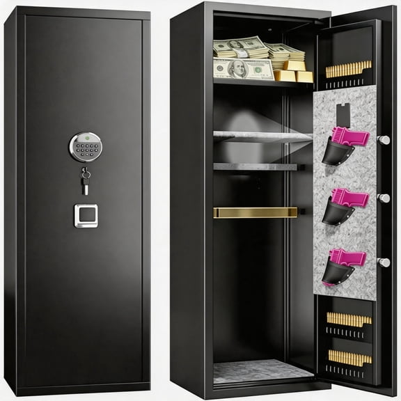 9-12 Gun Safe,Rifle Safe With Biometric Gun Safe, Large No-Assembly Rifle Safe,Heat-Resistant Heavy Duty Gun Safes for Home Defense with Adjustable Shelves, Black (13.7×11.81×57.09 inch)