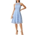 thumbnail image 1 of INSPIRE CHIC Robe Femme Dentelle Florale Col Licou Sans Manches Élégante Robe Cocktail Ligne A S Bleu Clair, 1 of 5