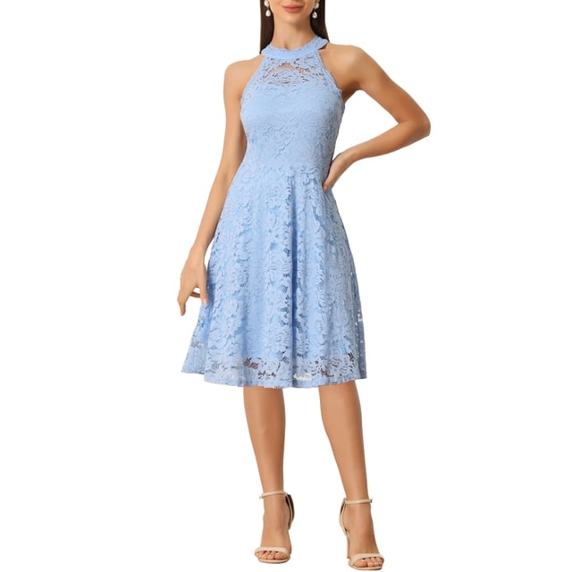 INSPIRE CHIC Robe Femme Dentelle Florale Col Licou Sans Manches Élégante Robe Cocktail Ligne A S Bleu Clair
