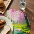thumbnail image 3 of Pink Flower Tree Round 13 Inch Placemats Set of 6, Spring Lake Boat Country Natural Scenery HeatResistant Non Slip Place Mats for Dining Table, Wipeable Braided Kitchen Table Mats for Housewarming, 3 of 9