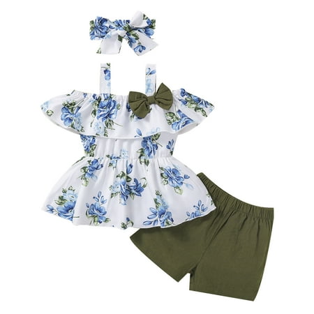 

Sleeveless Floral Prints Ruffles Suspenders Tops T Shirt Shorts Headbands Outfits