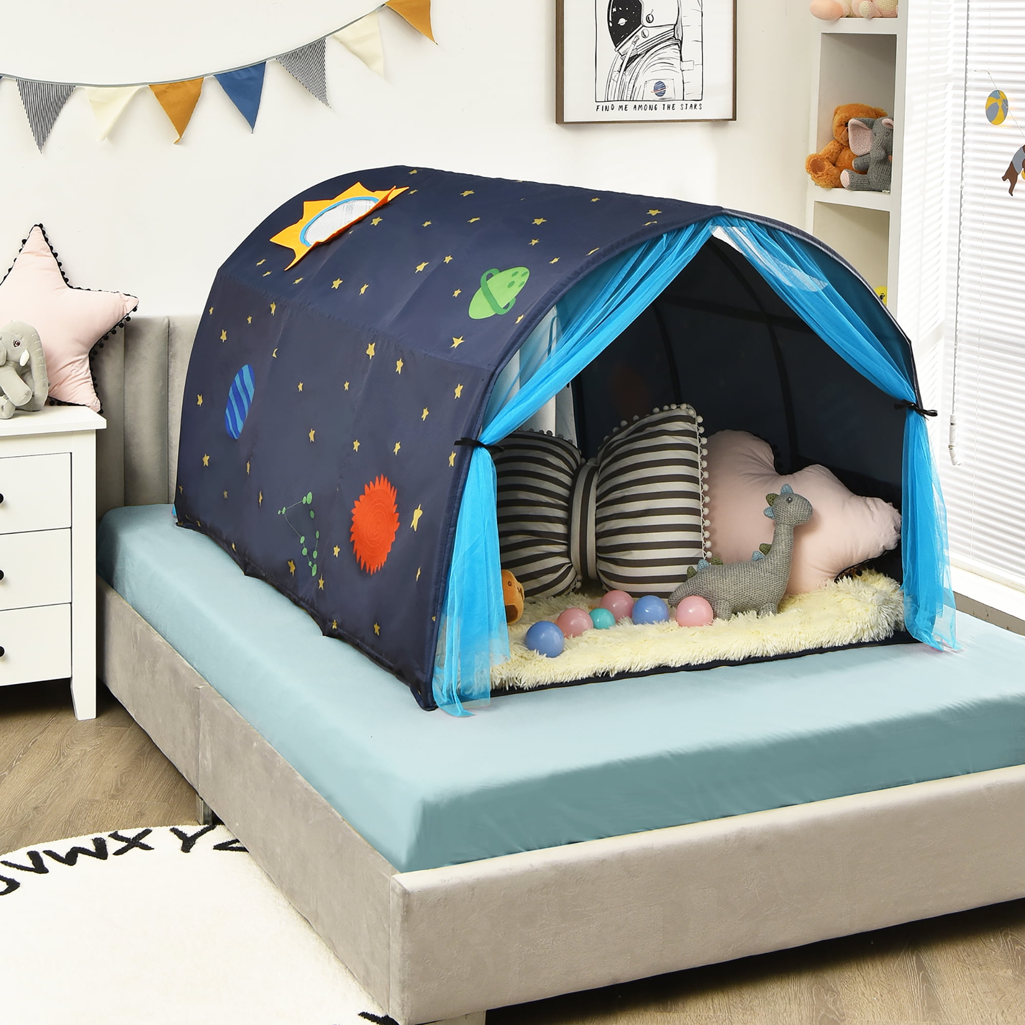 Costway Kids Bed Tent Play Tent Portable Playhouse Twin Sleeping w/Carry Bag Blue