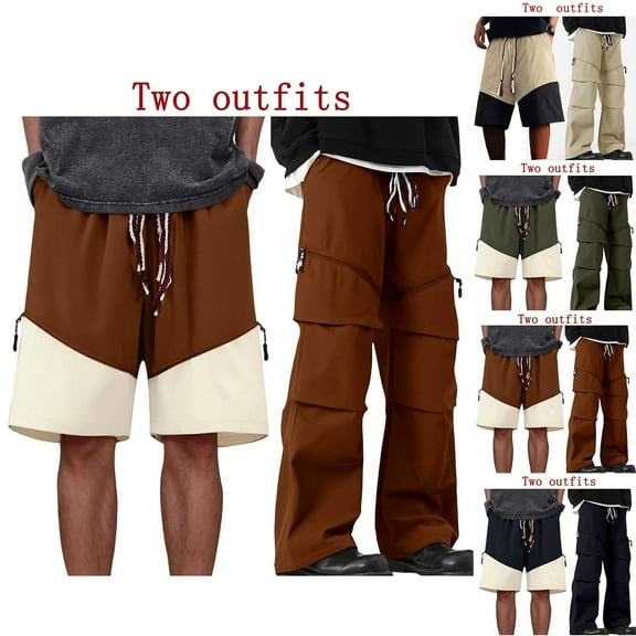 DDAPJ pyju Mens Baggy Cargo Pants Convertible Casual Hiking Pants Y2K Drawstring High Waist Wide Leg Sweatpants Army Green XXL