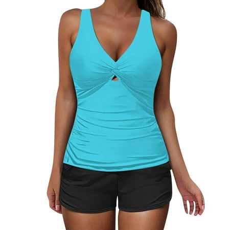 UTSJKR Women s Tankini Swimsuits with Boyshorts Cutout Twist Front Two Pieces Bathing Suit Ruched Tummy Control Swimwear Blue S