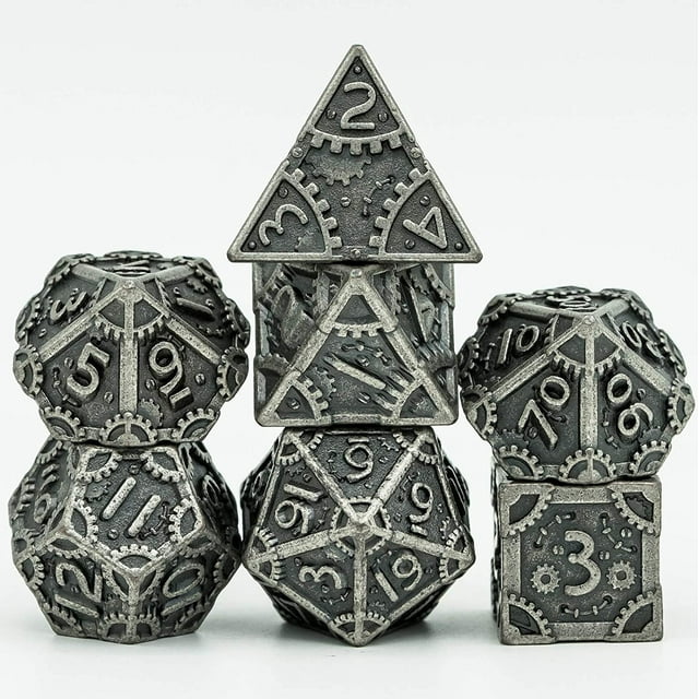 GFDYREE Ensemble de dés en Métal Style Steampunk 7 dés Polyédriques Ensemble de dés D&D pour Donjons et Dragons Jeu de Rôle et Enseignement des Maths (Argent)