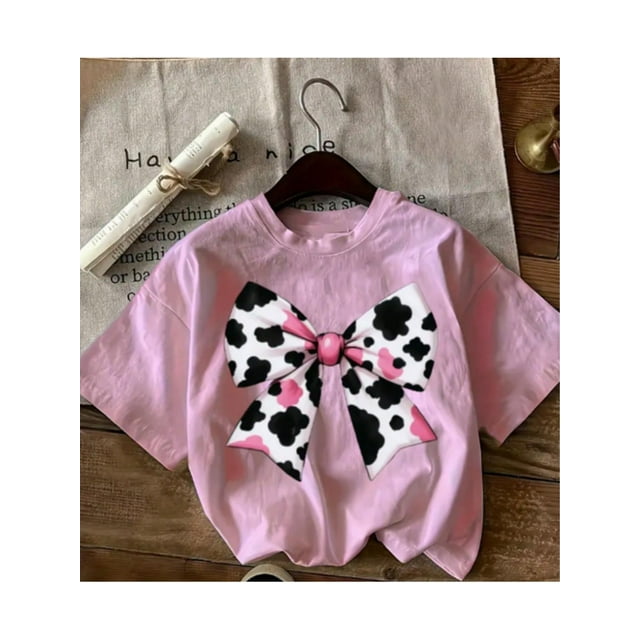 Bow Cow The Parent Child Interaction Is So Fun! Spring And Summer Girls T Shirt, Fun Pattern, Soft Fabric Loose To Fit Outdoors Girls Summer Clothing Tee Summer Top