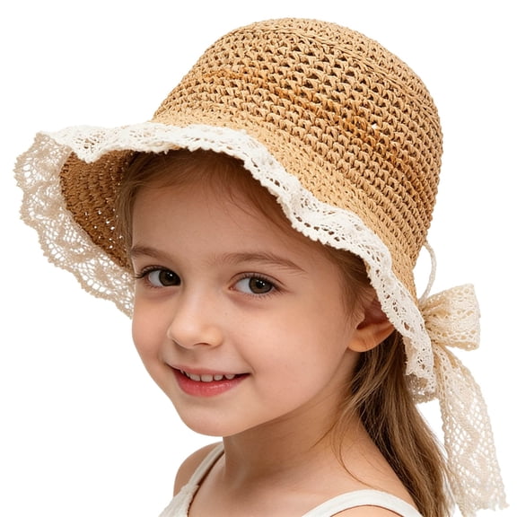 Xijirk Kids Straw Sun Hat Wide Brim Lace Design with Back Bow Lightweight Breathable Woven Material for Summer Beach and Travel Use,Coffee,2-7 Years