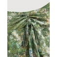 thumbnail image 3 of Green Vintage Floral Print Asymmetrical Hem Ruched Waist Flowy Skirt For Women, 3 of 4