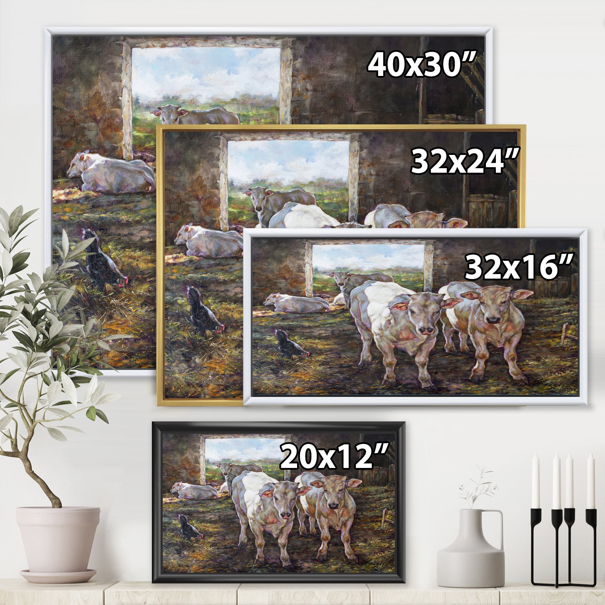 Designart 'The Cows In The Stable In Countryside' Farmhouse Framed Canvas Wall Art Print