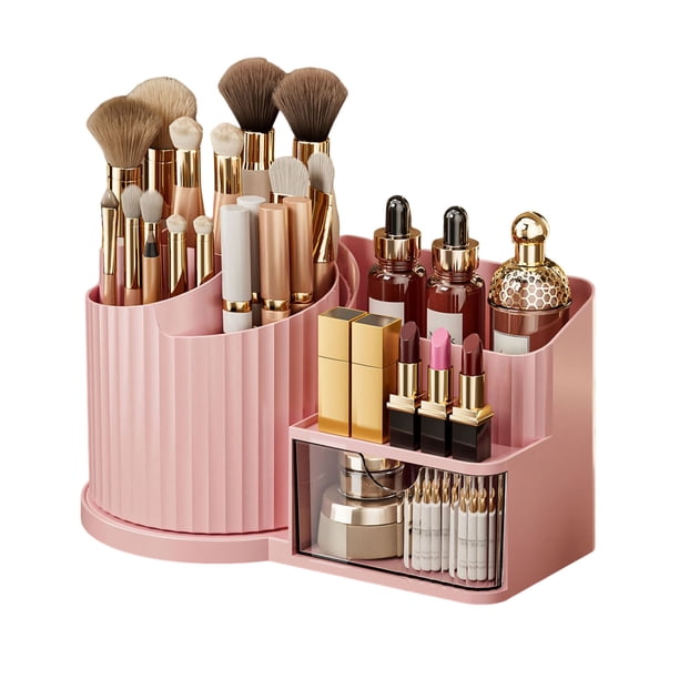 Caja de almacenamiento de cosméticos giratoria de 360 grados, organizador de maquillaje con portabrochas, cajón transparente, diseño vertical grande.