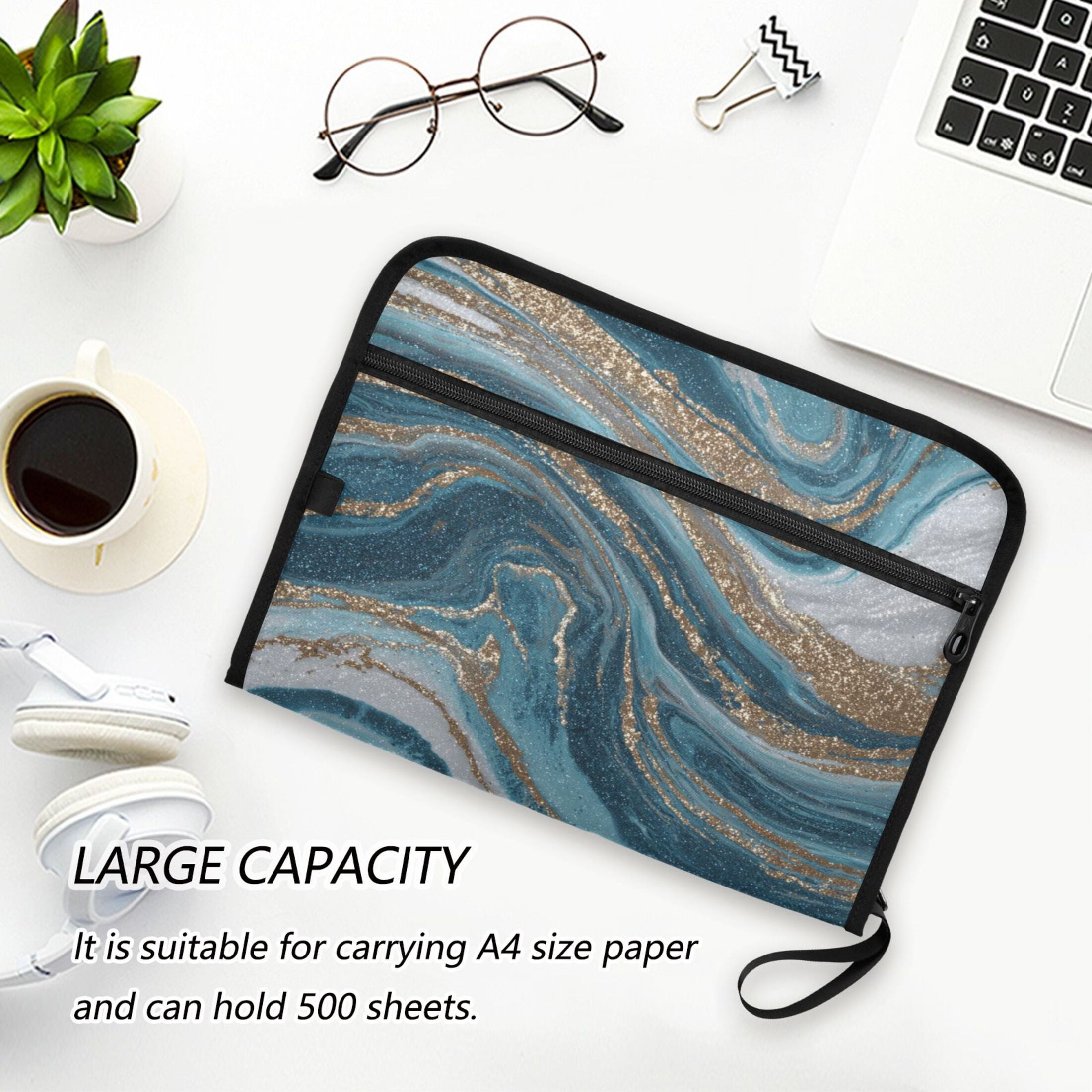 Accordion File Organizer with Zip Closure 13 Pockets Expanding File Folder Letter A4 Paper Document Organizer for Home Office Blue and Gold Swirling