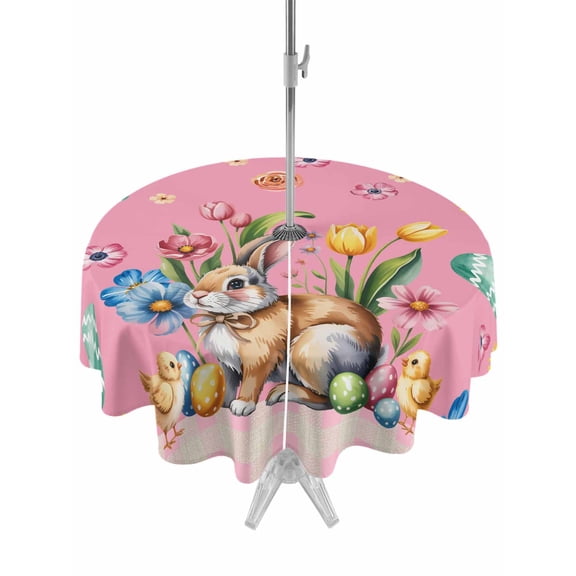 Outdoor Tablecloth with Umbrella Hole and Zipper, Pink Easter Bunny Round Table Cloth 54 Inch Waterproof Tablecloth, Spring Tulip Easter Eggs Plaid Burlap Picnic Table Cover for Patio Camping
