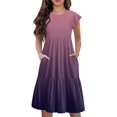thumbnail image 3 of Girls Summer Dress Tween Dresses Summer Casual Gradient Color Midi Dress with Short Sleeves and Pockets Lightweight and Comfortable ,Sie:150, 3 of 9