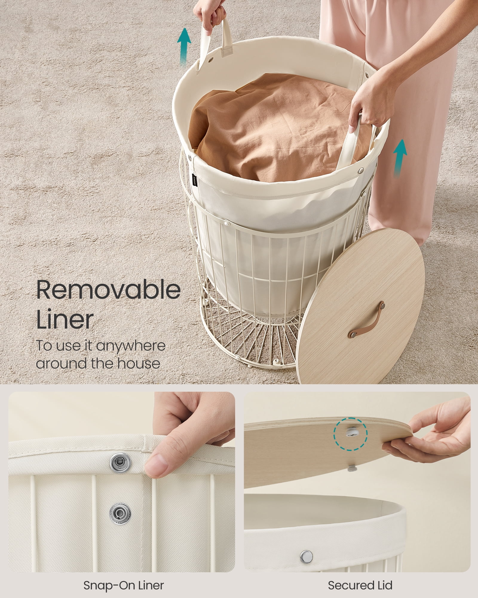 SONGMICS Laundry Hamper with Lid, Round, 25 Gallons (95 L), Versatile, Removable Fabric Liner, Large Capacity, Cream White