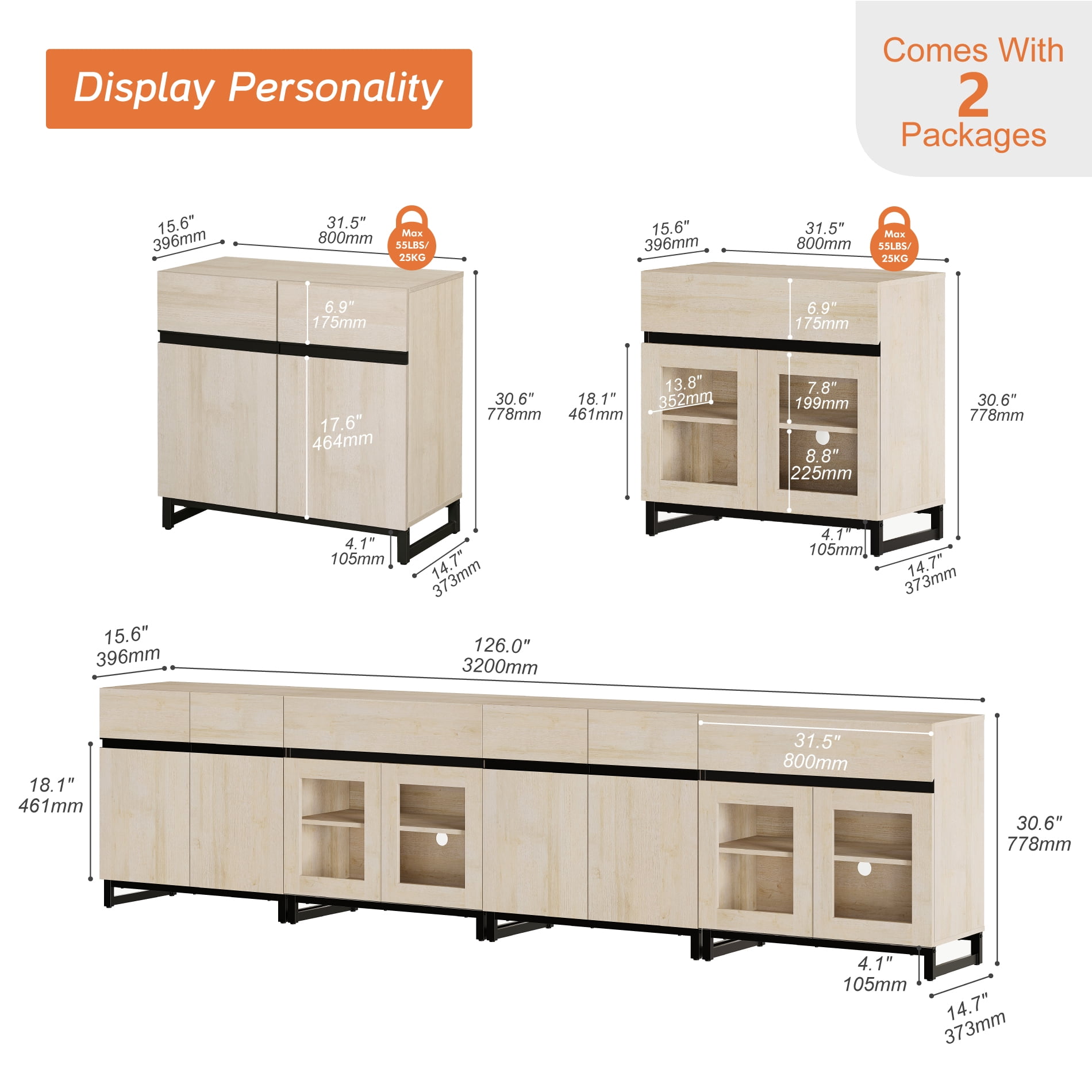 4 In 1 Sideboard Buffet Cabinets With Glass Doors And 2 Drawers, Modern Sideboard Credenza With Adjustable Shelf And Metal Base, Coffee Bar Cabinet Storage Cabinet