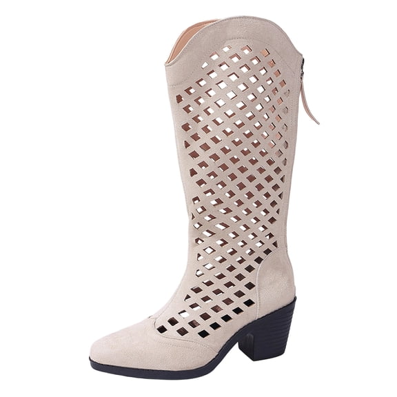 hopeusnice Grid Perforated Square Heel Western Boots Women Pointed Toe Suede Upper Breathable Booties Beige 36