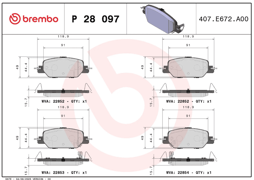 Brembo P28097; Brake Pad; PRIMELINE; FMSI Number D2037-9268; Low-Metallic; Set Of 4