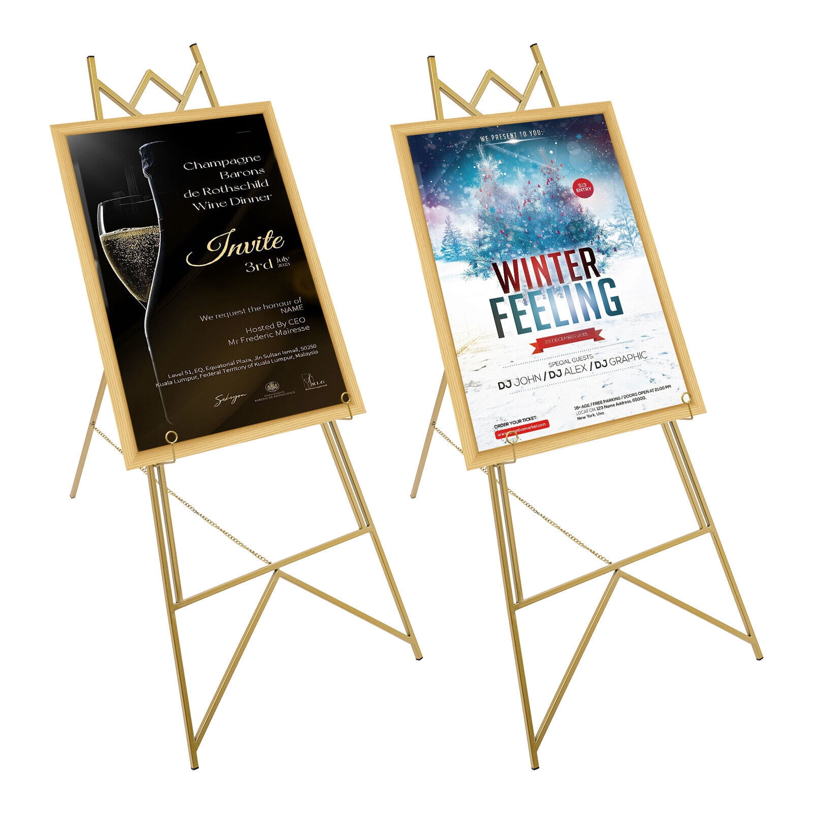 Gold Steel Two Easel Stand, Hook Design Poster Easel, Easel Tripod For Displaying Photo Frames Or Posters