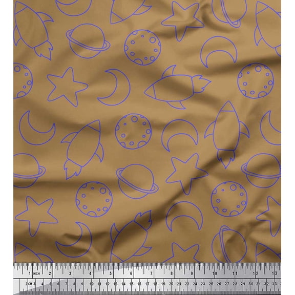 Soimoi Brown Silk Fabric Planet & Stars Galaxy Printed Fabric 1 Yard 42 Inch Wide